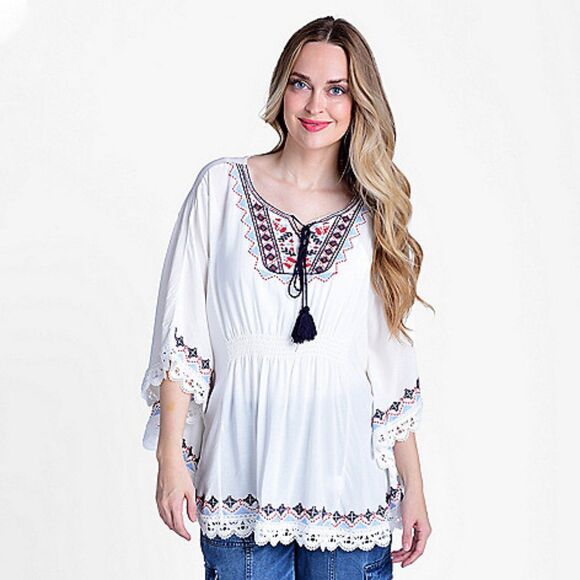 Boho Embroidered Tunic Top Bat Wing Smocked Peasant Top Fringe White Sz L NEW - Picture 2 of 11